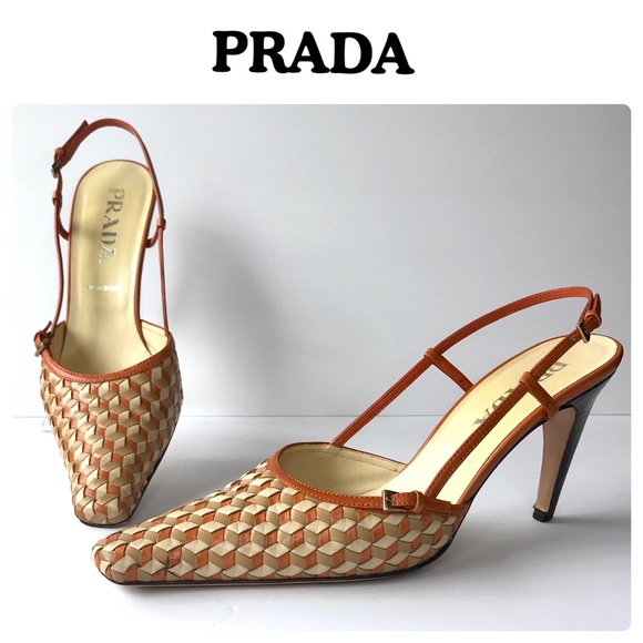Prada Shoes - Prada Orange/Tan Woven Slingbacks, 39 Size EU